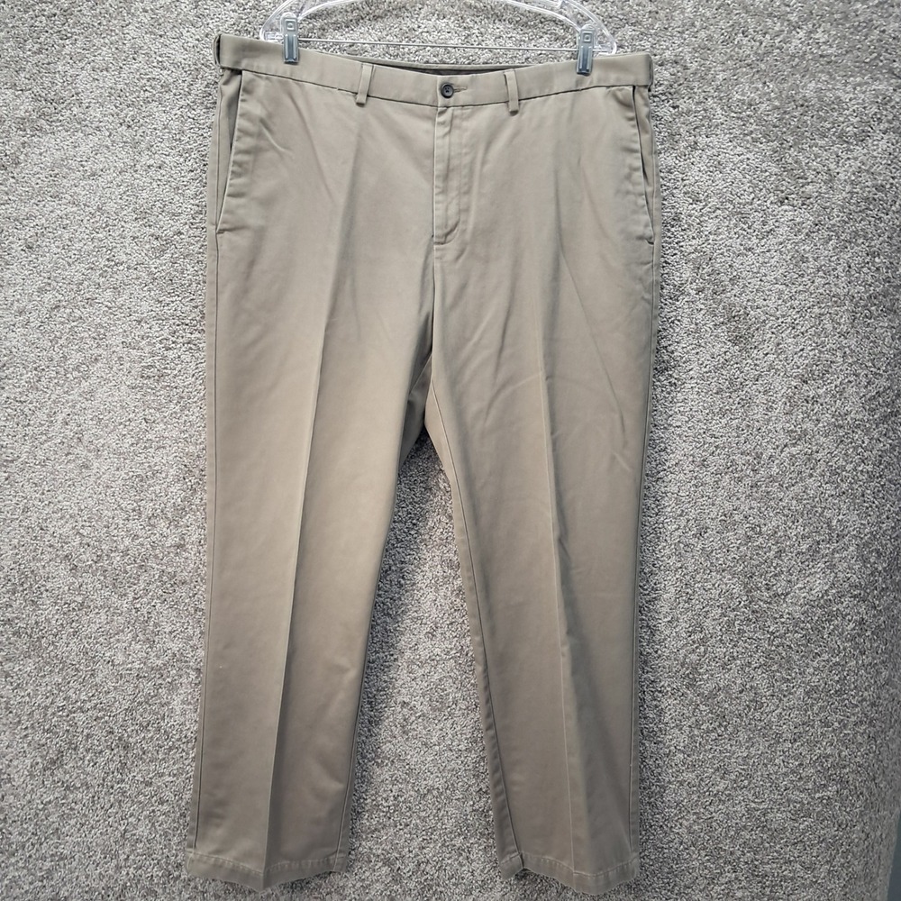 Haggar Mens Khaki Tan Flat Front Cotton Chino Pants 40x30 Straight Leg Trousers